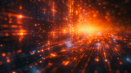 Fototapeta premium Digital Data Stream: Abstract, Futuristic, and Enigmatic. A captivating digital data stream, rendered in vibrant orange and blue hues, pulses with energy and creates a mesmerizing visual experience. T
