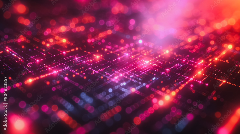 Poster a bright pink and blue background with many small red dots. the dots are arranged in a way that crea