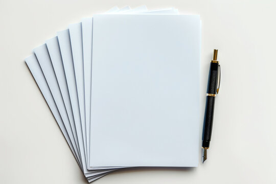 A stack of blank white paper and a pen on a table, in a top view, close up, as a flat lay, with a white background, as a mockup design template.