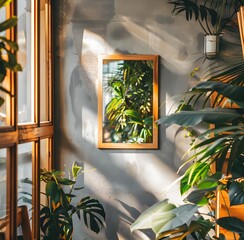 Sunlight Streaming Through a Window Illuminates a Mirror Reflecting Lush Greenery