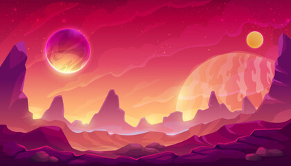 Fantastic space planet surface, mars red mountains landscape and glowing celestial bodies in purple sky. Cartoon vector game level background, futuristic scenery evoking sense of wonder and adventure © Vector Tradition