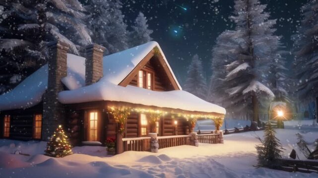Happy atmosphere in a wooden house in the middle of a pine forest during snow with Christmas decorations in front of the house. Seamless 4K looping timelapse video animation generated AI
