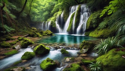 Fototapeta premium Lush Green Waterfall in Tranquil Forest - Nature Photography