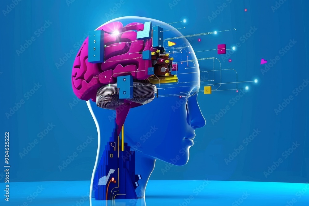 Aufkleber technological brain interface with holographic projections symbolizes the fusion of ai and human int