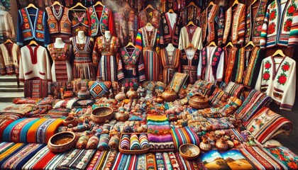 Obraz premium Colorful Traditional Ukrainian Folk Clothing and Pottery for Sale at a Market Stall