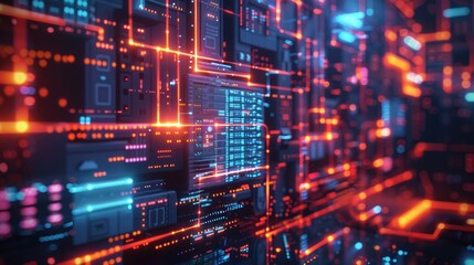 Obraz premium AI-powered cybersecurity fortress with glowing data walls defending against cyber threats.