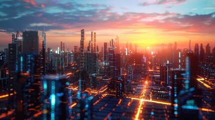 Fototapeta premium AI-powered cybersecurity sentries patrolling a glowing virtual cityscape at sunrise.