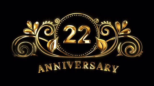 22nd Anniversary Celebration. Happy 22 Years Anniversary Animation in Gold Color on the Transparent Background, Alpha Channel. Great for greetings, celebrations, events, and gifts.