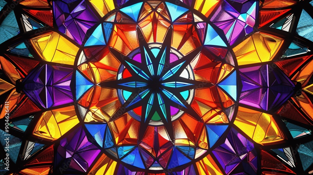 Poster enchanting kaleidoscope with stained glass and geometric fractal shapes for a colorful and intricate