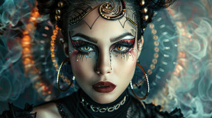 Luxurious and dynamic image of a woman with a symmetrical forehead, blending high fashion with 