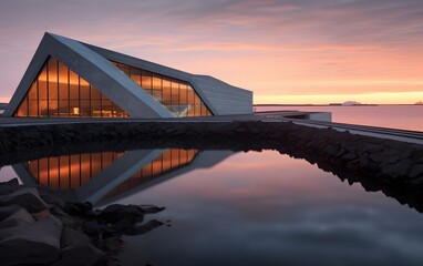 Fototapeta premium Modern Building with Water Reflection