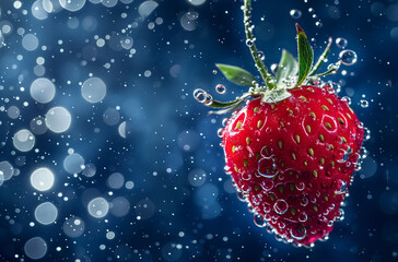 strawberry in sparkling water with bubbles on dark blue background