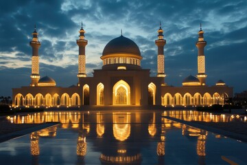 Illuminated Mosque Reflecting in a Pool of Water at Dusk