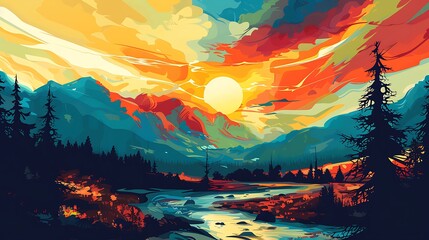 Fototapeta premium Mountain Sunset With River And Trees