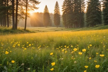 Obraz premium A serene field of wildflowers illuminated by the golden sunset, creating a peaceful and natural atmosphere perfect for nature and landscape themes.