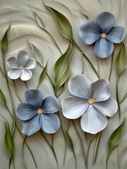Fototapeta premium Bas relief featuring blue wildflowers with green stems, on a pale patterned and textured background