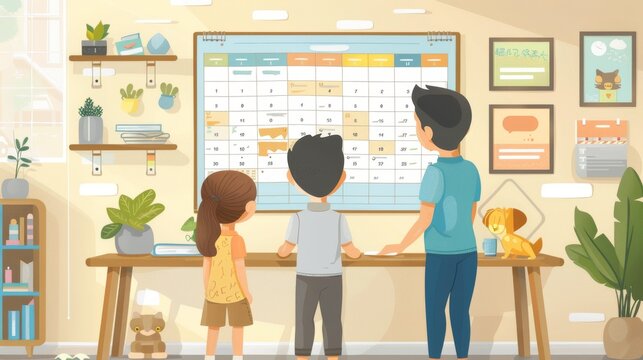 Cartoon vector family organizing schedules and events on a large wall calendar