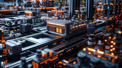 An advanced AI system overseeing a complex logistics network in a high-tech warehouse.