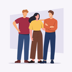 Three young friends happy. Colleagues winners rejoicing. Flat vector illustration.