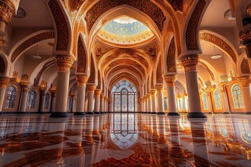 Interior of a Mosque with Golden Arches and Stained Glass Windows