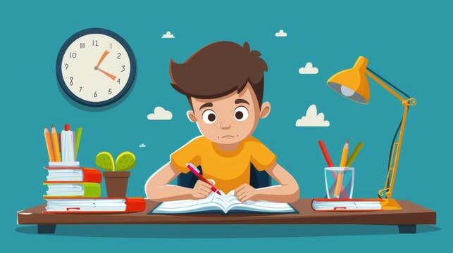 Cartoon vector student writing exam dates and study schedules on a desk calendar