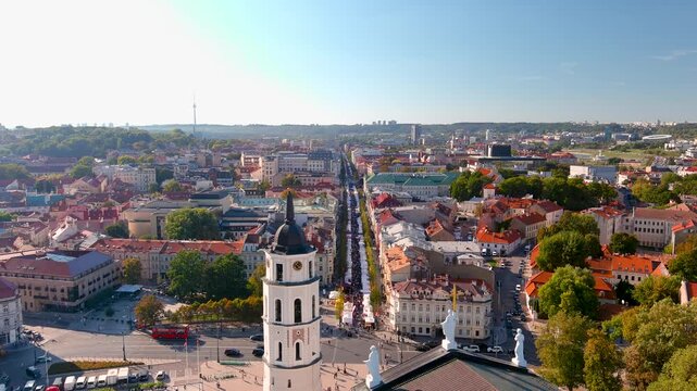 Aerial view of annual Nations Fair, where masters from the national communities of Lithuania present their arts, crafts, national customs and traditions. Vilnius Old town, Lithuania.