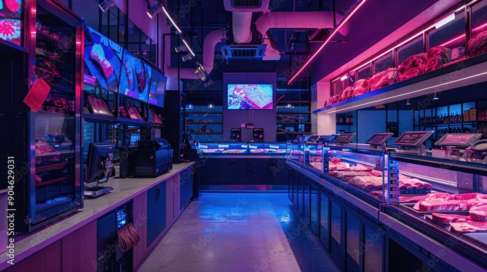 Poster high-tech butcher shop with robotic cutting tools and neon meat displays for a futuristic and effici