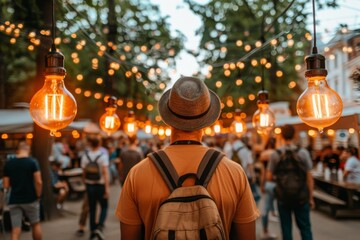 Street festival scene with illuminated brain art captures the convergence of public engagement and neuroscience.