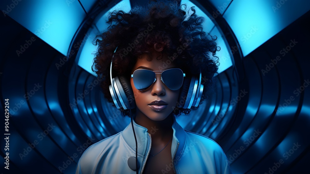 Wall mural Woman with Afro Wearing Headphones