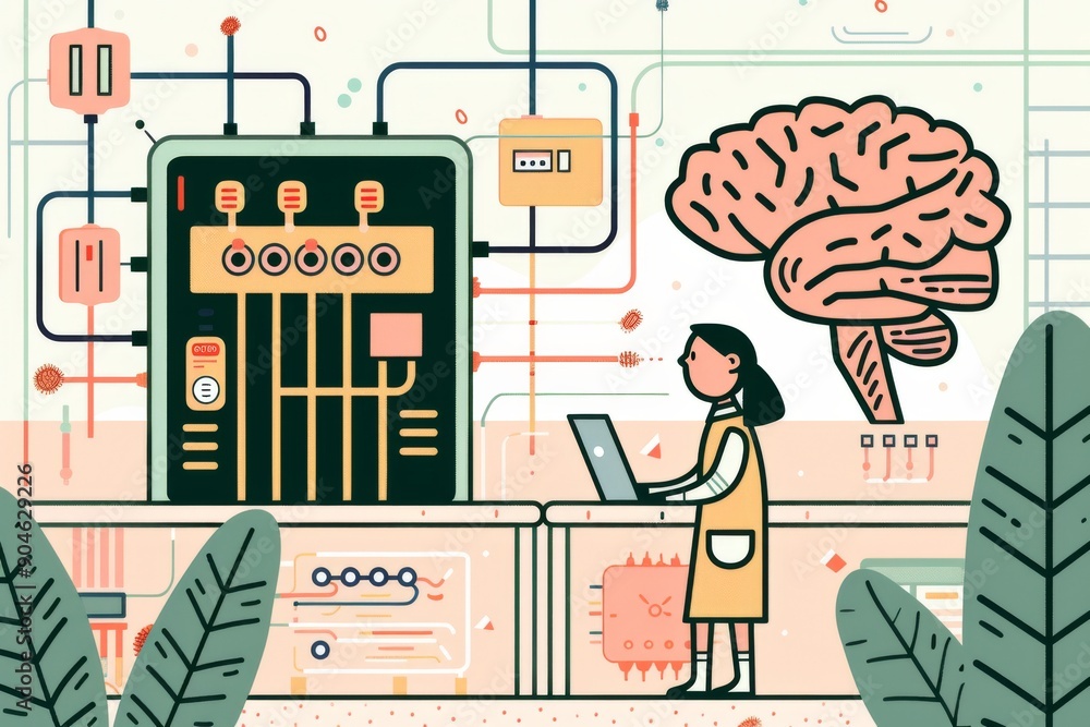 Poster educational illustration of brain function and neural pathways in a stylized, interactive classroom 