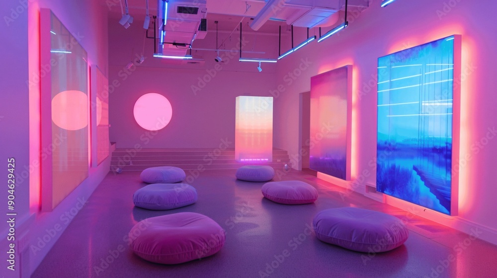 Poster sleek positive thinking space with interactive digital tools and neon-lit positivity boards for an u