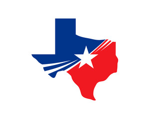 Texas state symbol of map and flag with American US star, vector icon. Texas map silhouette with flag colors for USA company or American corporation of oil and petrol industry with Texas state badge