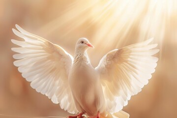 Obraz premium Divine Light of Peace: A white dove, wings outstretched in a radiant display, symbolizing hope, serenity, and the divine. 
