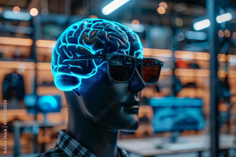 Poster futuristic brain model with cybernetic enhancements, visualizing the integration of biotechnology an