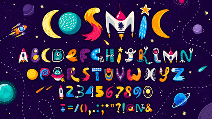 Cartoon space font for universe type or galaxy typeface, vector English alphabet letters. Kids cartoon space font or galaxy typeset with alien UFO, spaceman astronaut, rocket spaceship in cartoon type © Vector Tradition