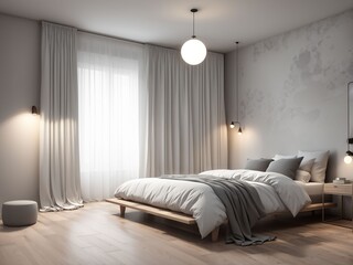 Empty brown and gray bedroom with wooden floor, light bulb wall decor, blank living room decor with gray and white curtain, 3d rendering