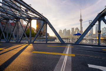 view of shanghai skyline and bridge at sunrise