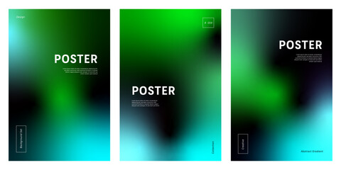Fototapeta premium Set of three modern abstract background with turquoise and green gradient on black, ideal for social media, web banner, poster, flyer