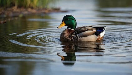 Obraz premium A photo of a duck gliding gracefully across a tranquil pond