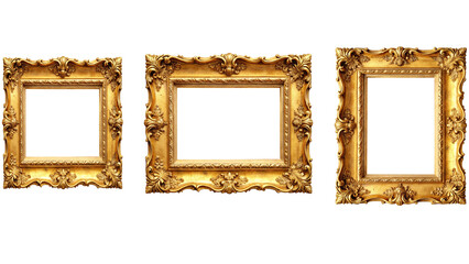 Set of Antique Square and rectangular gold picture mirror frame isolated on transparent background