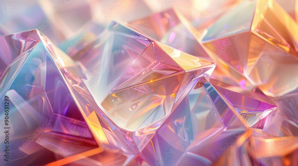 Poster abstract background, a stunning display of translucent geometric shapes glistening with iridescent t