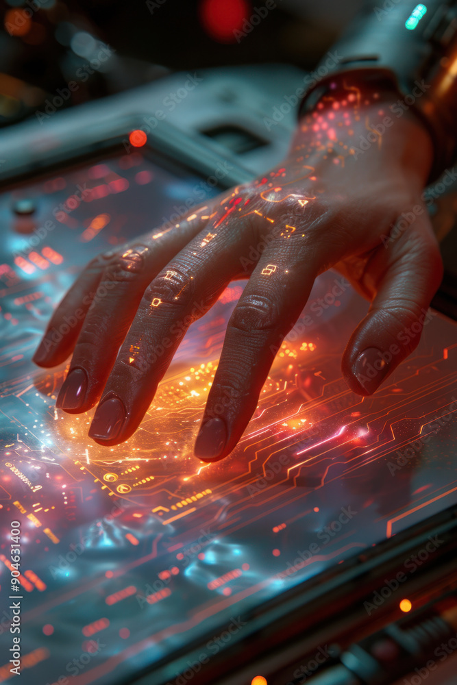 Poster cyber security, close-up of a hand gently touching a shimmering hologram, depicting advanced securit