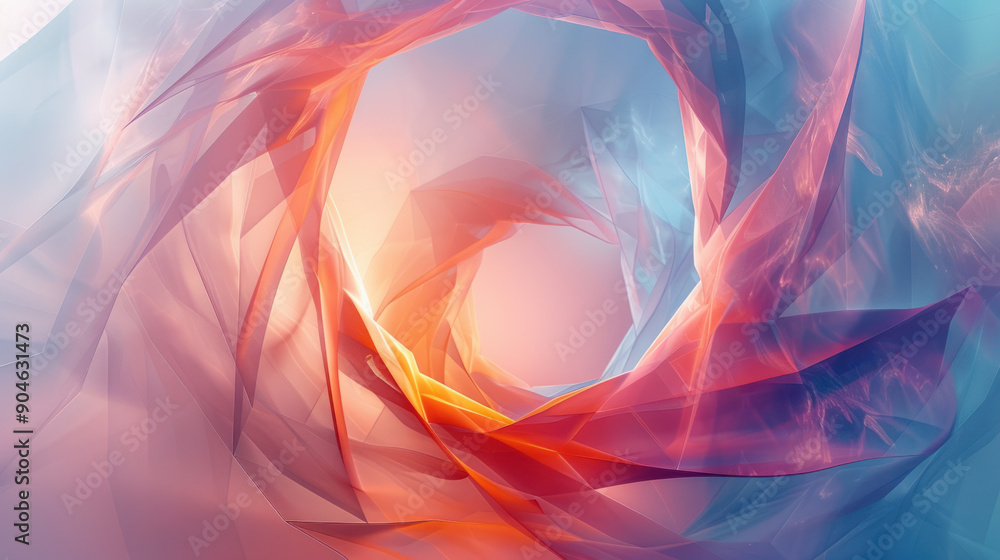 Poster social media background, dynamic polygonal forms radiate iridescent colors against a muted backdrop.