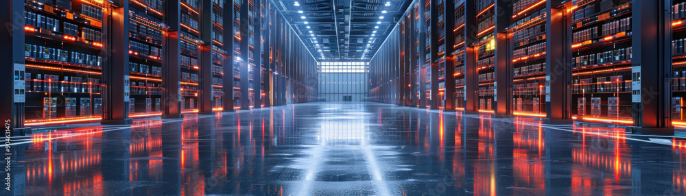 Poster smart warehouse logistic, futuristic warehouse featuring shimmering holographic projections of produ