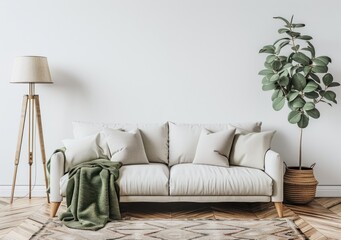 Minimalist Living Room with White Sofa and Green Plant