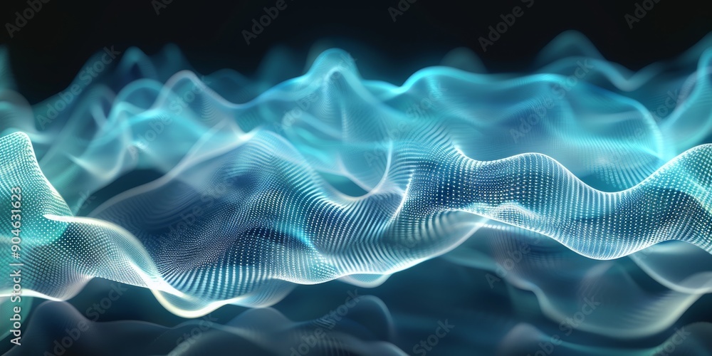 Poster exploring abstract digital waveforms and particles for innovative design and visualization