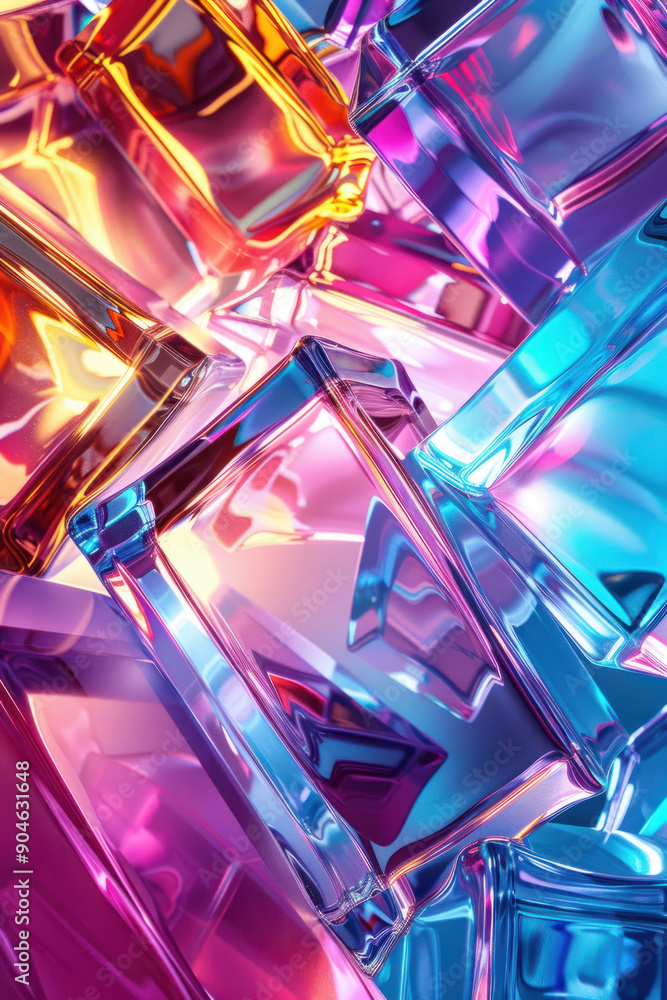 Poster Abstract background,  Translucent geometric shapes in vibrant iridescent colors form a captivating background, creating a sense of depth and movement. The center is left blank,
