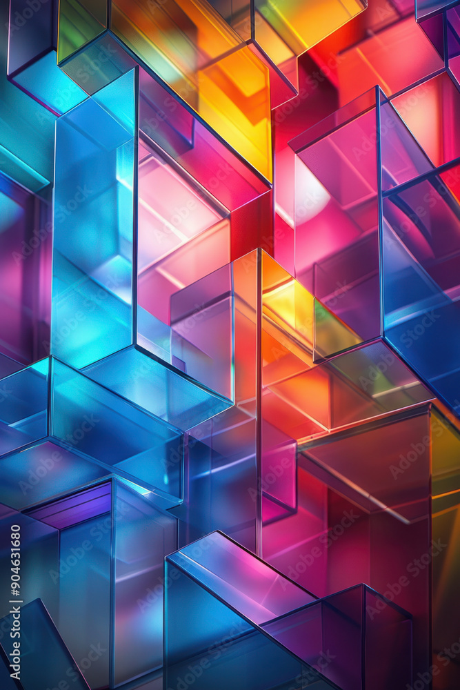 Poster abstract background, translucent geometric shapes in vibrant iridescent colors form a captivating ba