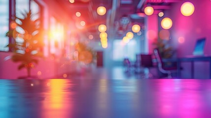 Modern Office Glow: Blurred and vibrant, a vibrant, neon-lit office space bathed in pink and blue hues.  A minimalist, abstract design captures the energy and innovation of modern workspaces.  Perfect