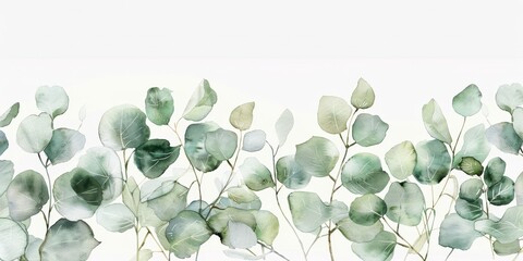 A green eucalyptus branch on a white background in a watercolor style illustration. 